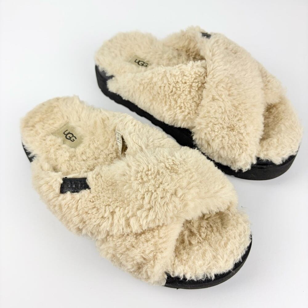 Ugg Platform Sugar Cross Slide Cream Shearling Fur Lined Slipper 8